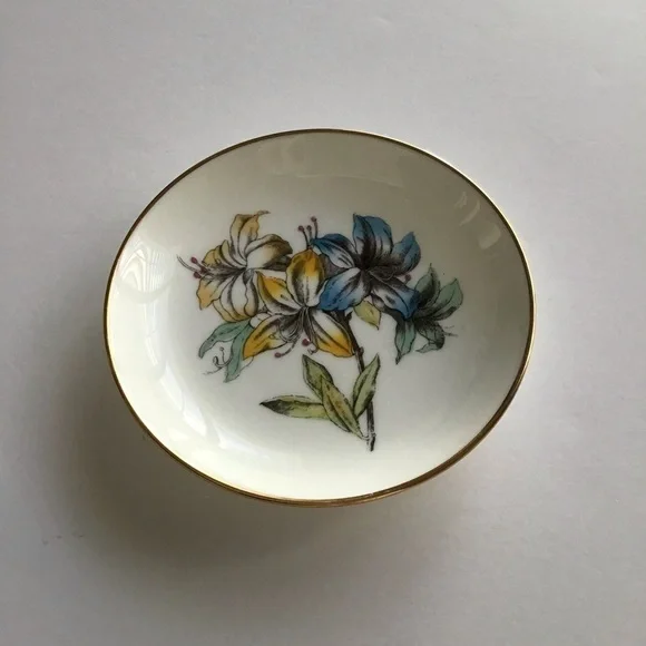 Minton English Bone China Tiger Lilly Trinket Dish Blue & Yellow Floral Vintage - Picture 9 of 10